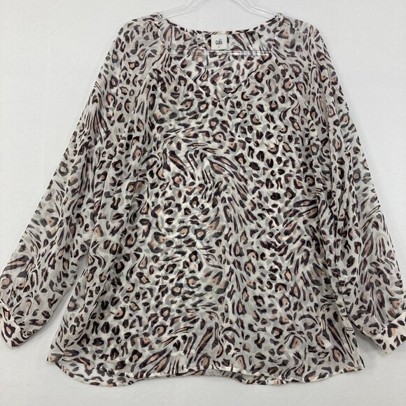 CAbi Large Brown White Leopard Print Soft Flowy Long Sleeve Blouse Feminine - Picture 1 of 10